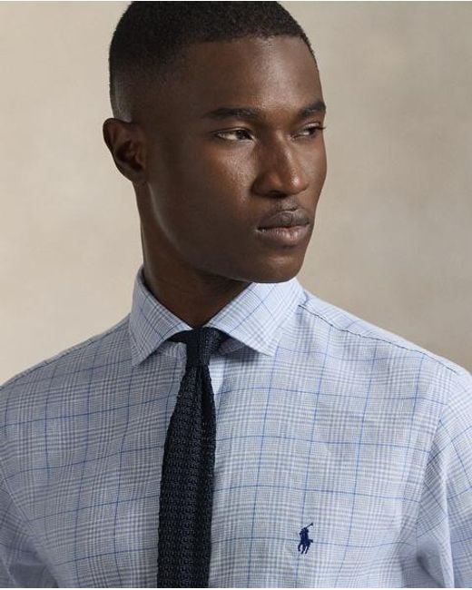 Polo Ralph Lauren Blue Custom Fit Checked Linen-Blend Shirt for men