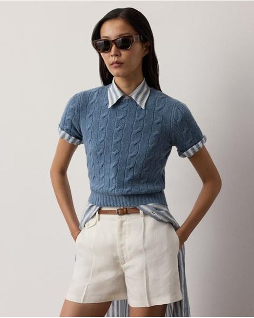 Ralph Lauren Blue Cashmere Cable-Knit Cropped Jumper