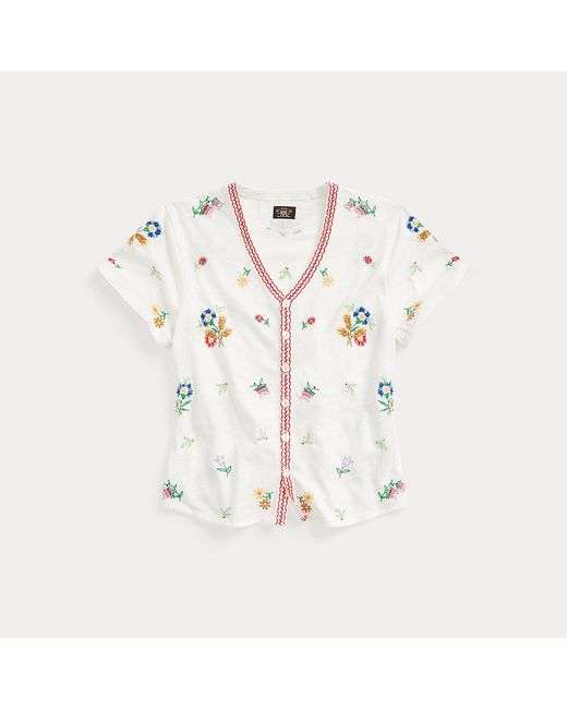 RRL White Floral-embroidered Jersey Top