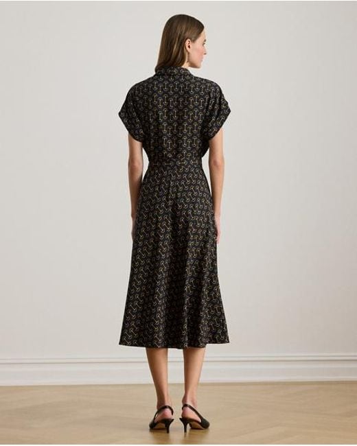 Ralph Lauren Black Geo-Print Belted Crepe Dress