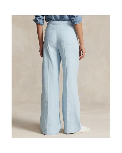Polo Ralph Lauren Blue Cotton Chambray Wide-leg Flare Trouser
