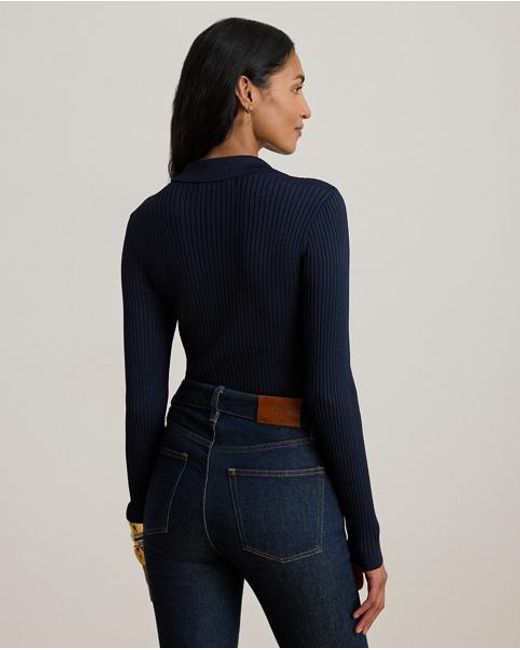 Ralph Lauren Blue Rib-Knit Long-Sleeve Polo Sweater