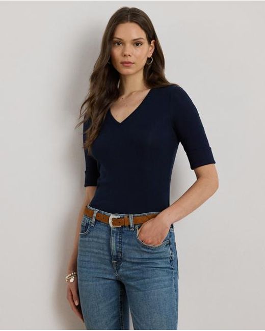 Camiseta De Algodón Con Cuello De Pico Ralph Lauren de color Blue