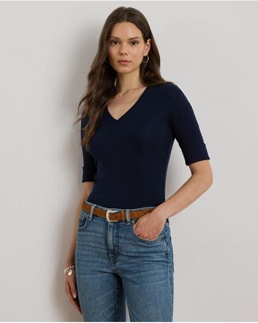 Ralph Lauren T-Shirt Met V-Hals En Halflange Mouw in het Blue