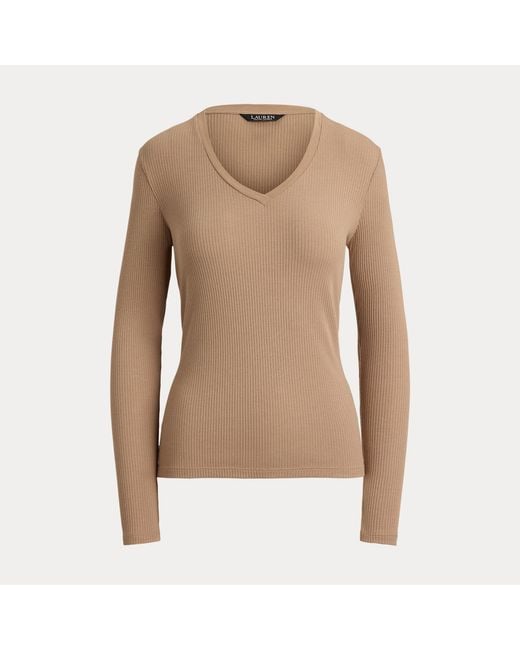 Ralph Lauren Natural Rib-Knit Long-Sleeve V-Neck Top