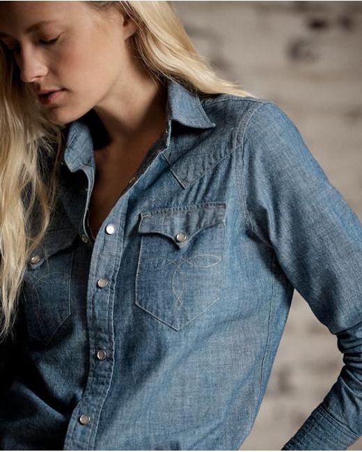 RRL Blue Indigo Chambray Western Shirt