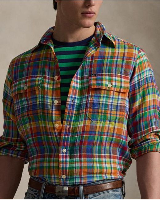 Polo Ralph Lauren Green Classic Fit Plaid Linen Workshirt for men