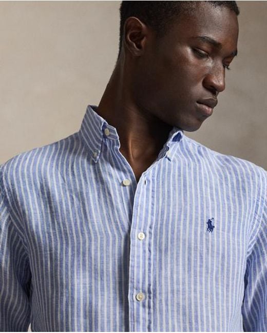 Polo Ralph Lauren Blue Custom Fit Striped Linen Shirt for men
