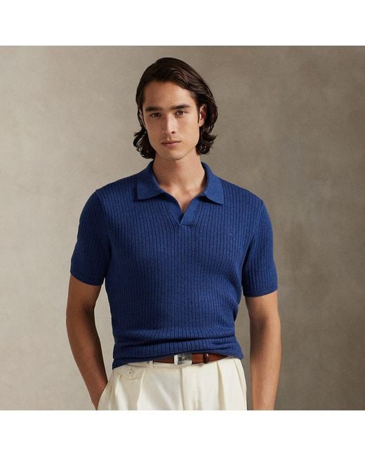 Polo Ralph Lauren Blue Rib-Knit Cotton Johnny-Collar Polo Shirt for men