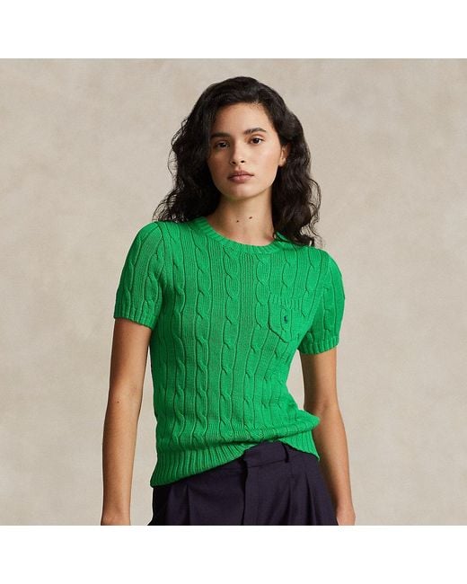 Ralph Lauren Green Cable-knit Cotton Short-sleeve Sweater