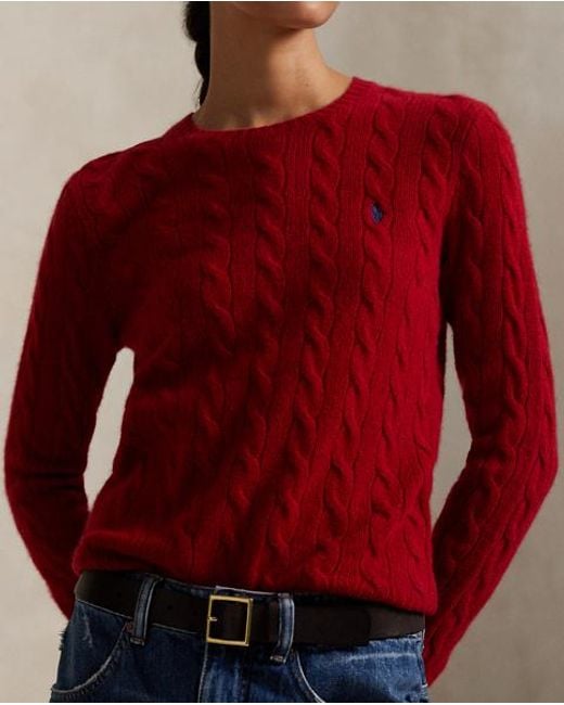 Polo Ralph Lauren Red Woll-Kaschmir-Pullover Mit Zopfmuster