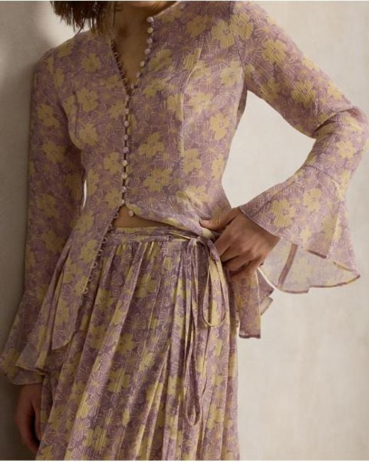 Polo Ralph Lauren Brown Floral Crinkled A-Line Wrap Skirt