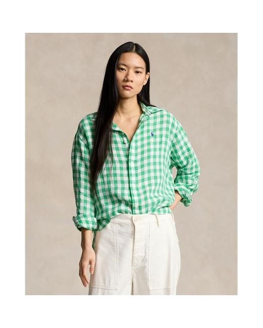 Polo Ralph Lauren Green Wide Cropped Gingham Linen Shirt
