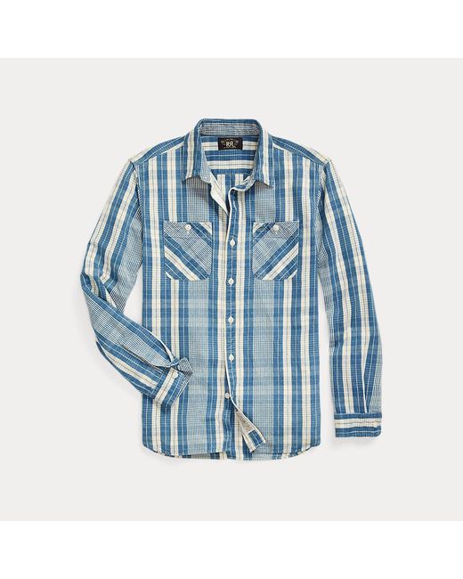 RRL Blue Indigo Plaid Cotton-linen Workshirt for men
