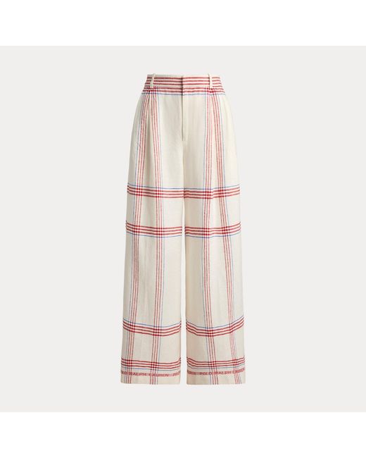 Polo Ralph Lauren Pink Plaid Linen Wide-Leg Cropped Trouser