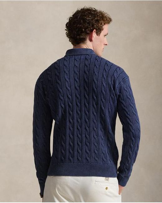Polo Ralph Lauren Blue Relaxed Cable Cotton Polo-Collar Jumper for men
