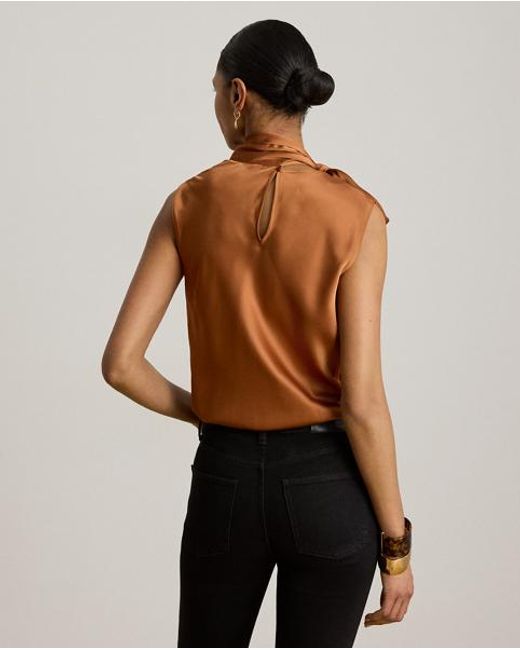 Ralph Lauren Brown Tie-Neck Charmeuse Sleeveless Blouse