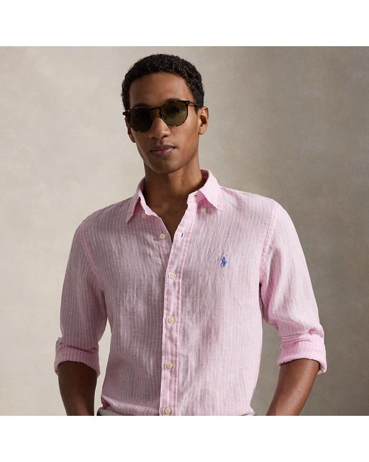 Polo Ralph Lauren Pink Custom Fit Striped Linen Shirt for men