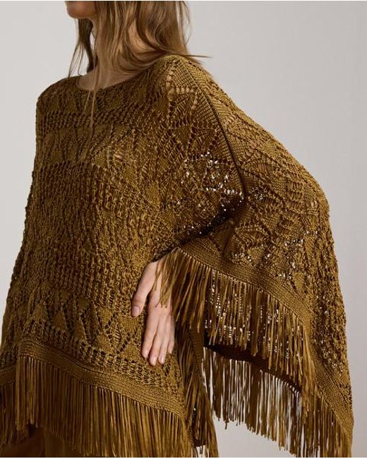 Ralph Lauren Brown Fringe-Trim Pointelle Jumper Poncho