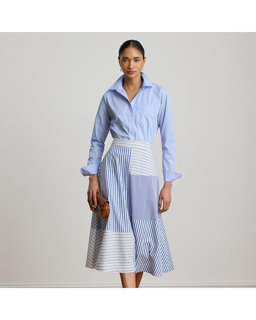 Ralph Lauren Blue Patchwork-Striped Broadcloth Midi Skirt