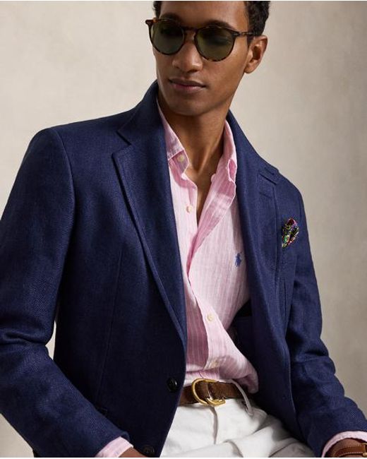 Polo Ralph Lauren Pink Custom Fit Striped Linen Shirt for men