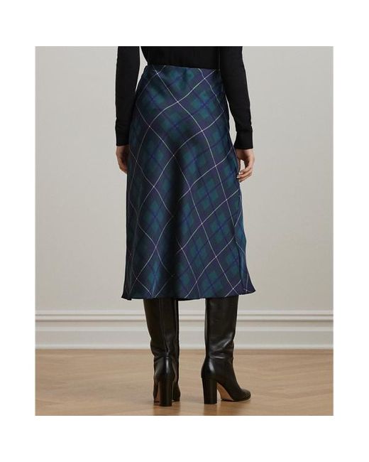 Ralph Lauren Black Plaid Satin Charmeuse Midi Skirt