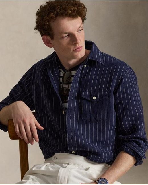 Polo Ralph Lauren Blue Classic Fit Striped Linen Shirt for men