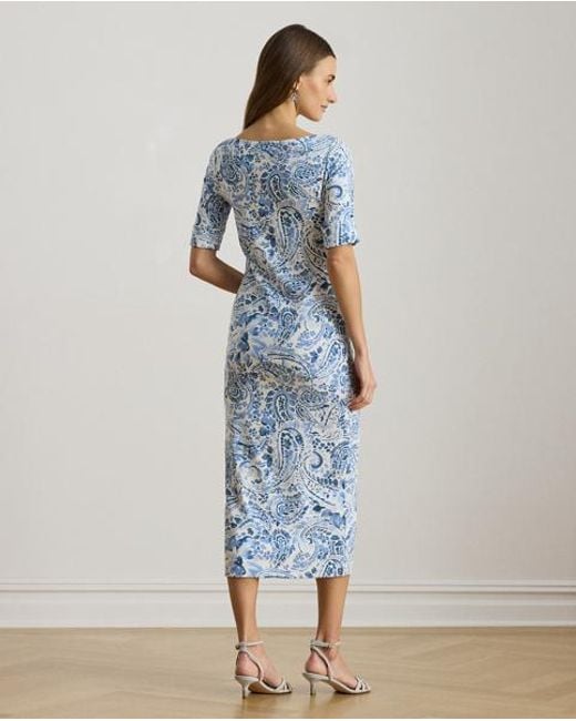 Ralph Lauren Blue Paisley Boatneck Cotton Midi Dress
