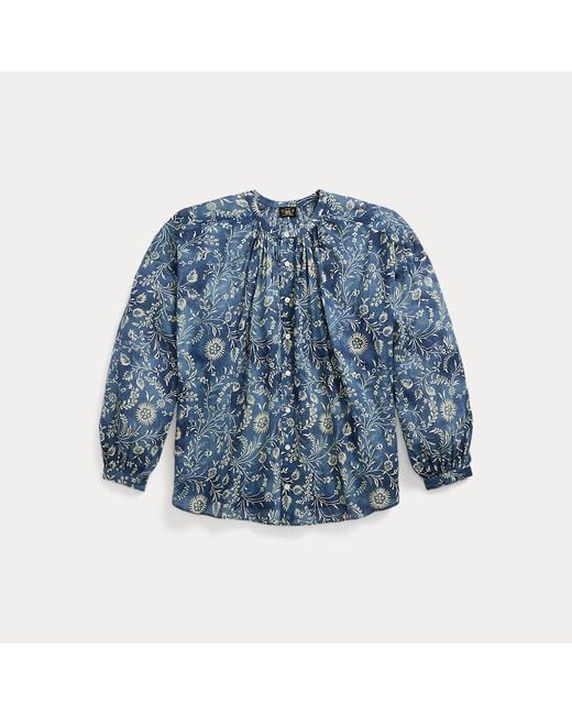 RRL Blue Floral-print Cotton Voile Blouse