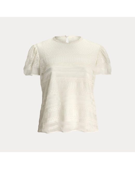 Ralph Lauren Gray Curve - Lace-trimmed Mesh Puff-sleeve Blouse