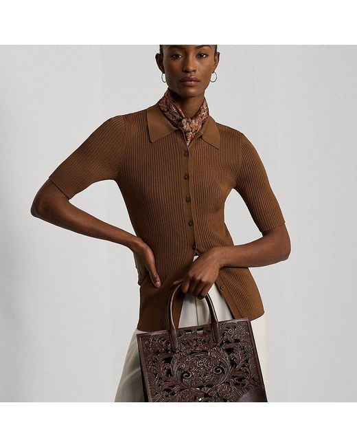 Ralph Lauren Brown Tooled Leather Medium Devyn Tote Bag