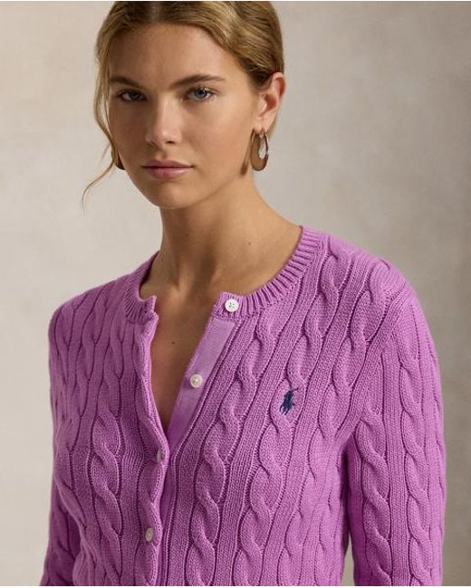 Polo Ralph Lauren Pink Cable-Knit Cotton Crewneck Cardigan