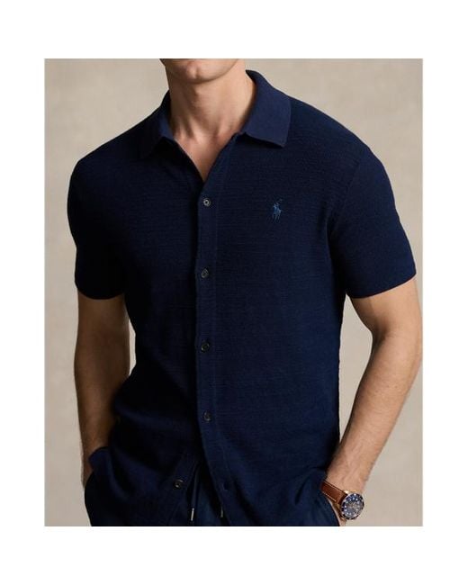 Maglia a camicia in cotone e lino di Polo Ralph Lauren in Blue da Uomo