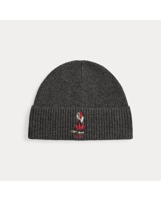 Polo Ralph Lauren Black Dog-Embroidered Rib-Knit Beanie for men