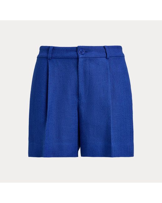 Ralph Lauren Blue Pleated Linen-Cotton Herringbone Shorts