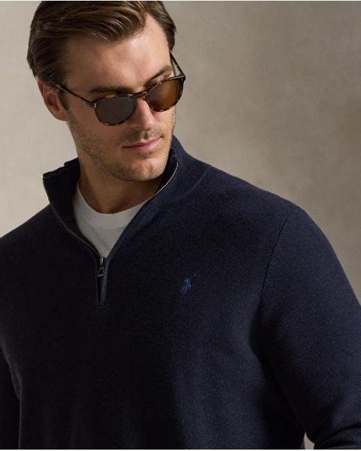 Ralph Lauren Blue Mesh-Knit Cotton Quarter-Zip Jumper for men