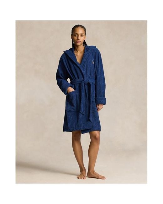 Polo Ralph Lauren Blue Cable Cotton Terry Hooded Robe