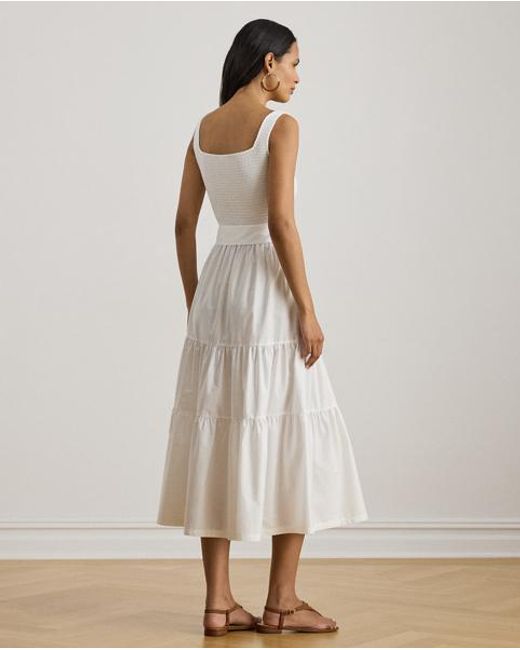 Ralph Lauren White Tiered Belted Jersey & Broadcloth Dress