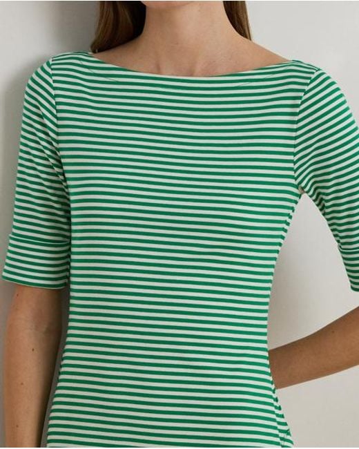 Ralph Lauren Green Striped Stretch Cotton Ribbed Midi Dress