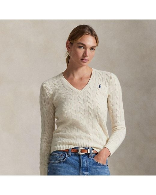 Polo Ralph Lauren Wollen-Kasjmier Kabeltrui Met V-Hals in het Natural