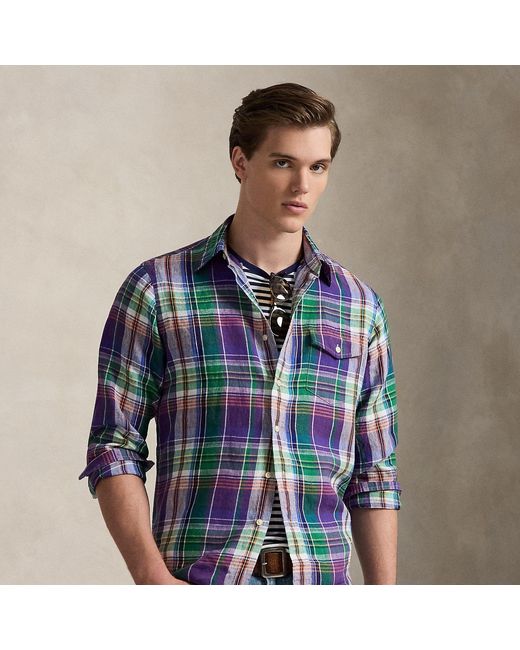 Polo Ralph Lauren Blue Classic Fit Plaid Linen Shirt for men