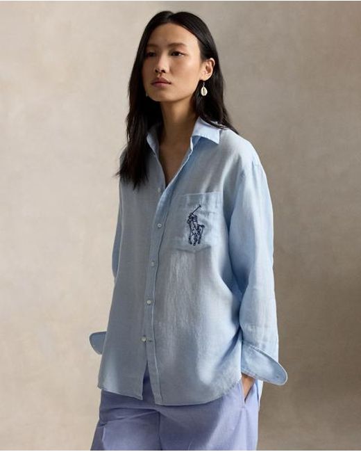 Polo Ralph Lauren Blue Oversize Fit Big Pony Linen Shirt