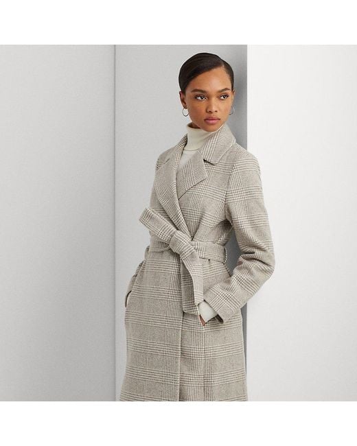Lauren by Ralph Lauren Gray Ralph Lauren Glen Plaid Belted Wool-blend Wrap Coat