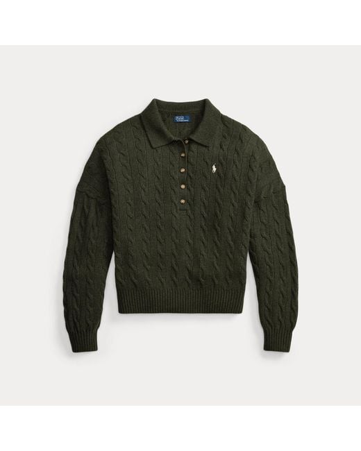 Polo Ralph Lauren Black Cable Wool-Cashmere Polo-Collar Jumper