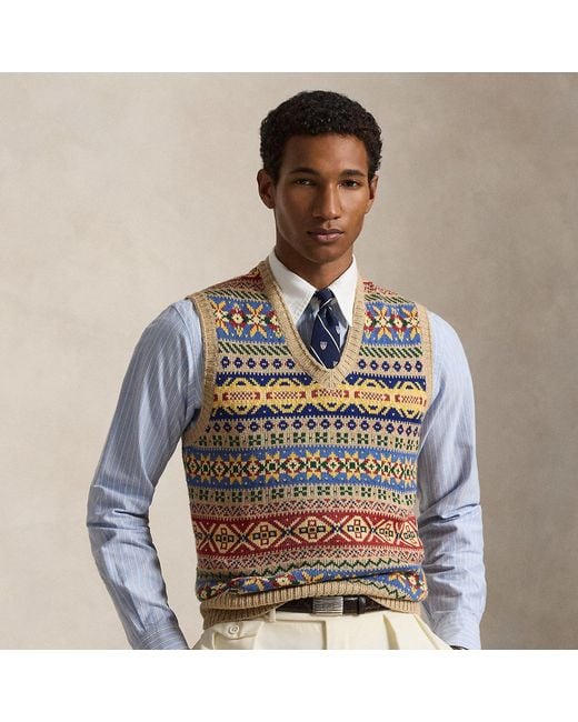 Polo Ralph Lauren Blue Fair Isle Cotton-Linen Sleeveless Jumper for men