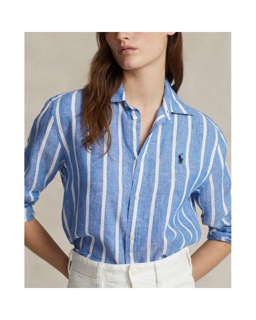 Ralph Lauren Blue Relaxed Fit Striped Linen Shirt