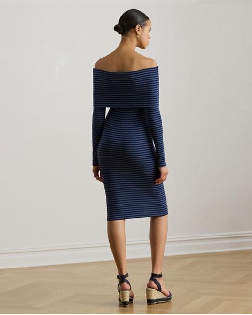 Ralph Lauren Blue Striped Rib-Knit Off-The-Shoulder Dress