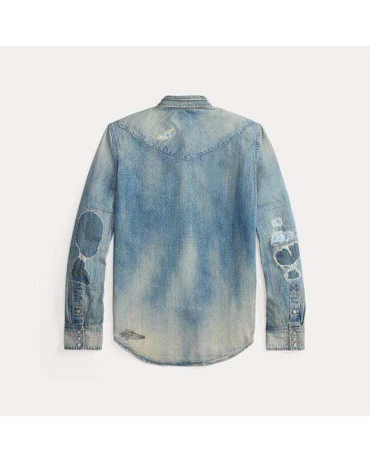 Ralph Lauren Blue Slim Fit Repaired Denim Western Shirt for men