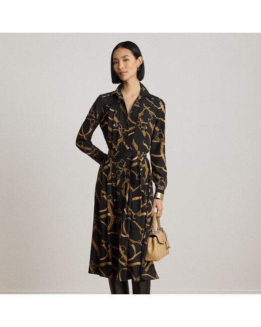 Ralph Lauren Black Belting-Print Pleated Crepe Shirtdress