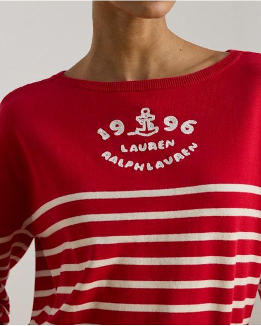 Ralph Lauren Red Logo Striped Cotton Boatneck Jumper